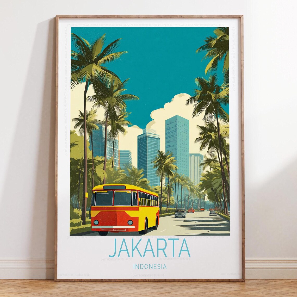 Jakarta Indonesia Avenue Poster with Retro Bus Palm Trees Skyline