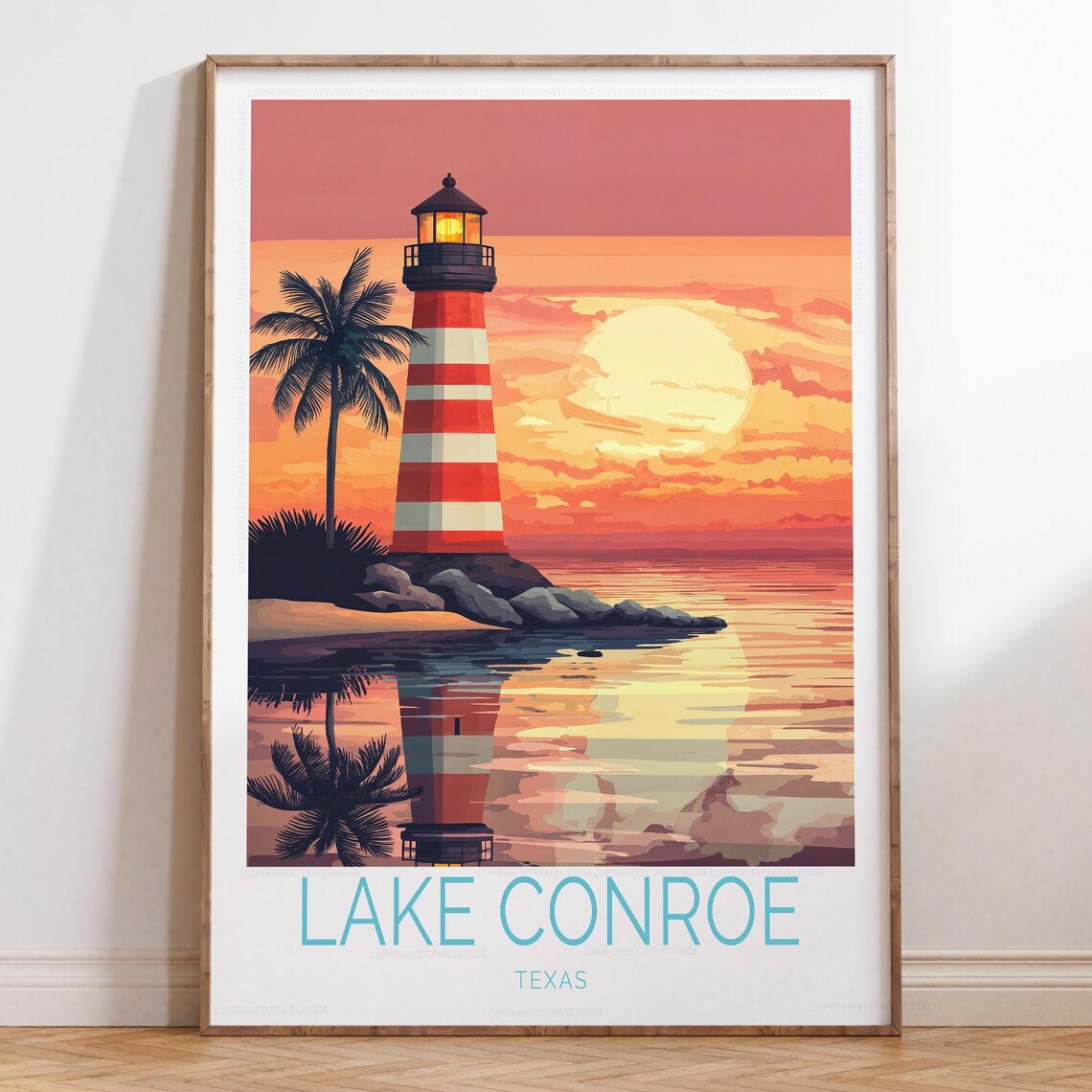 Lake Conroe Texas Lighthouse Coastal Sunset Palm Travel Poster