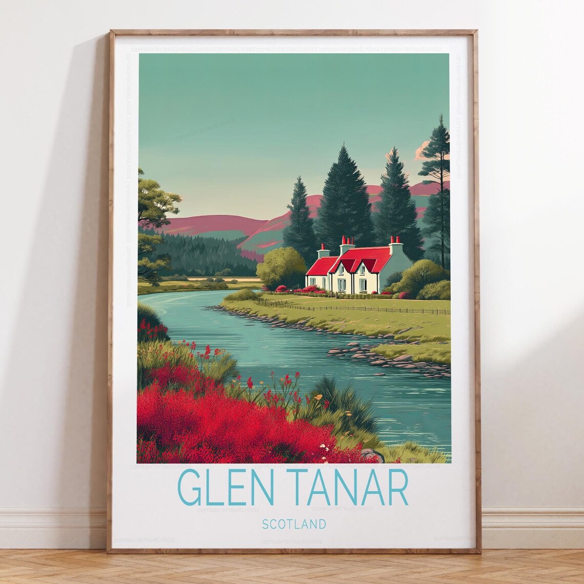 Glen Tanar Scotland River Cottage Red Heather Hills Travel Poster