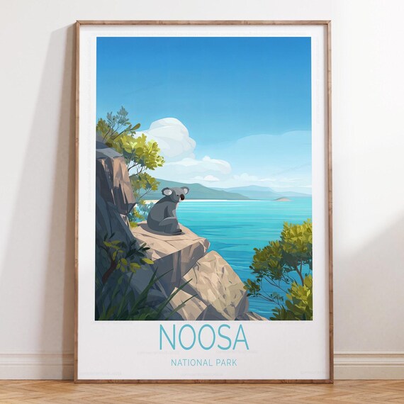 Noosa National Park Koala on Rocky Cliff Ocean View Travel Poster Art