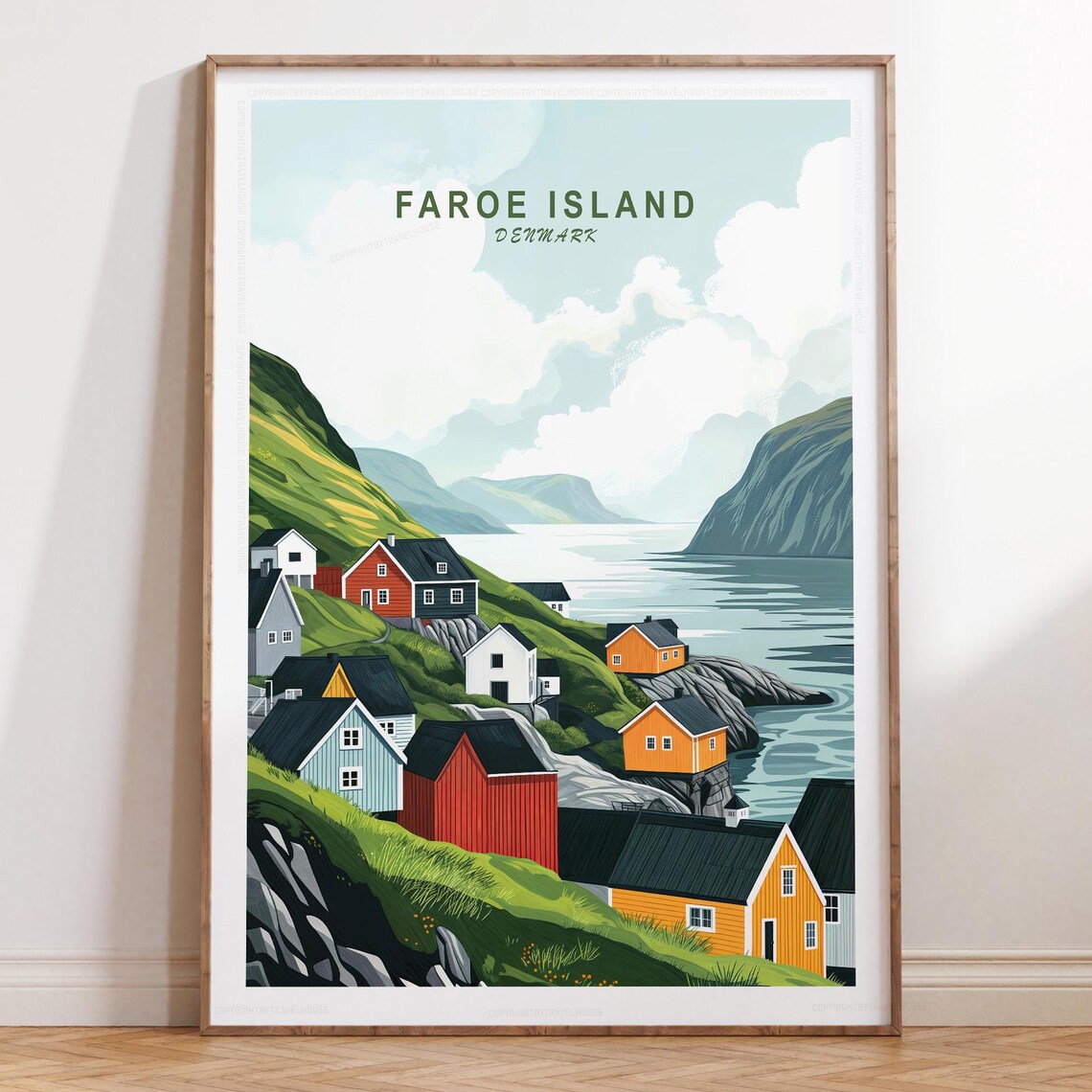 Faroe Island Colorful Coastal Village Houses Retro Travel Poster