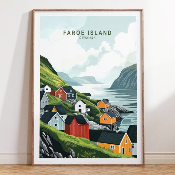 Faroe Island Colorful Coastal Village Houses Retro Travel Poster