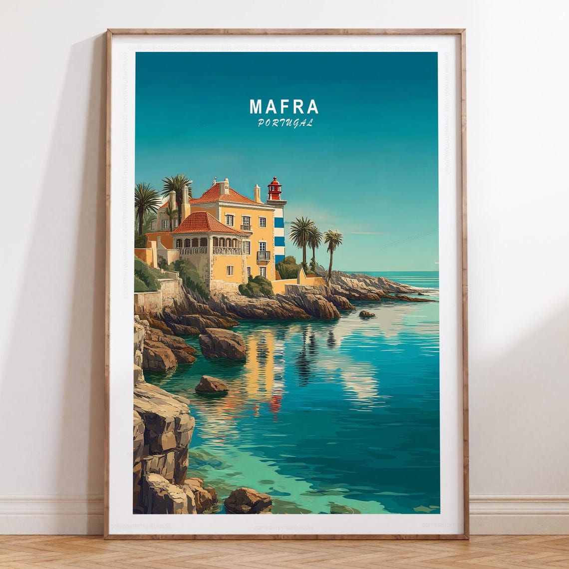 Mafra Portugal Coastal Lighthouse Scene Retro Ocean View Travel Poster