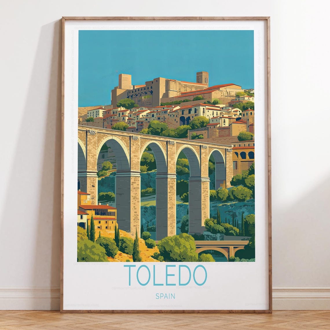 Toledo Spain Ancient Aqueduct Old Town Sunlit Cityscape Travel Poster