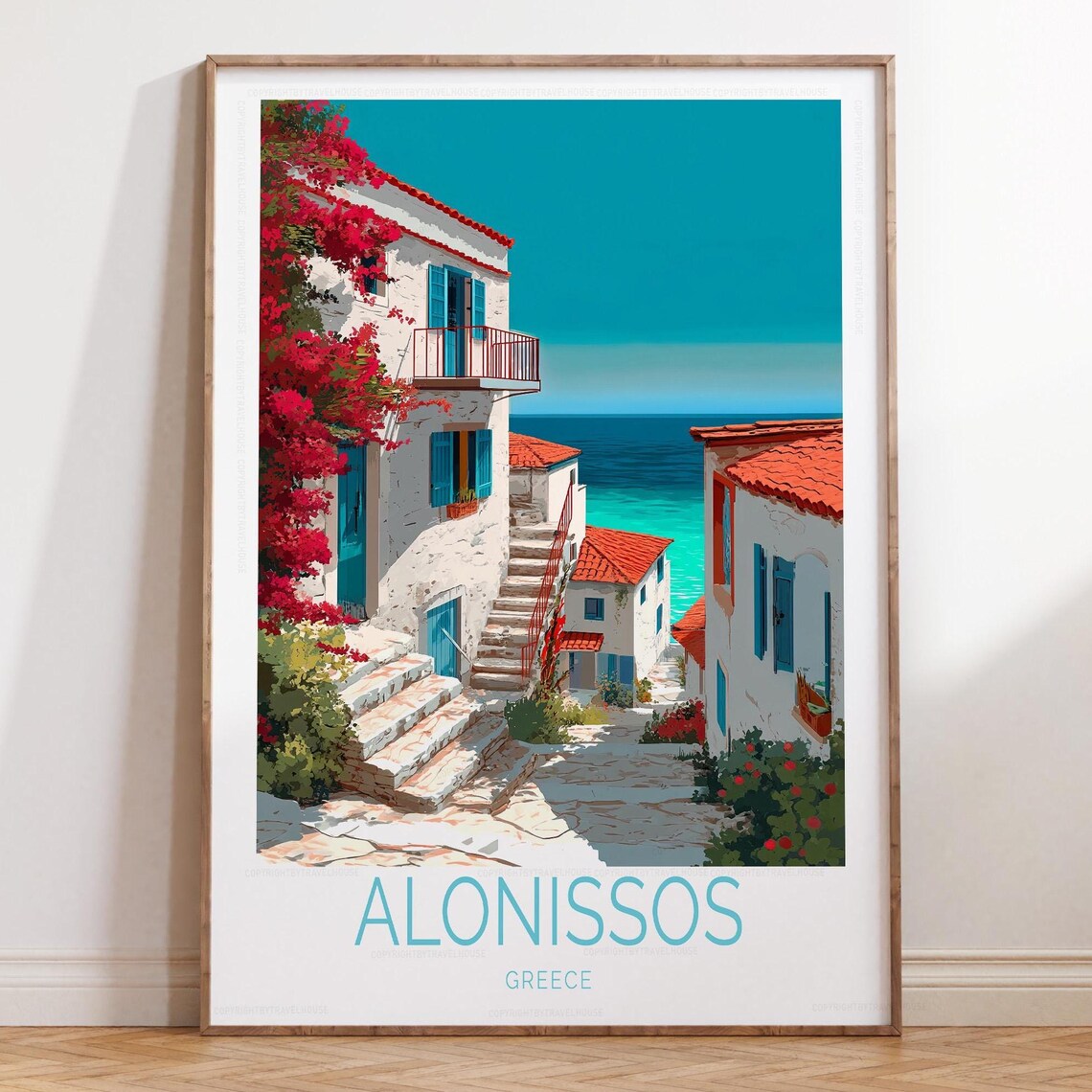 Alonissos Greece White Village Alley Travel Poster With Sea View