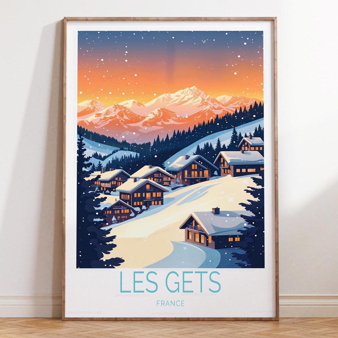 Les Gets France Snowy Alpine Village Sunset Ski Travel Poster