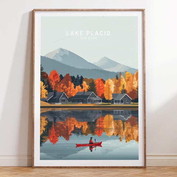 Lake Placid New York Mountain Lake Top Text Vintage Travel Poster