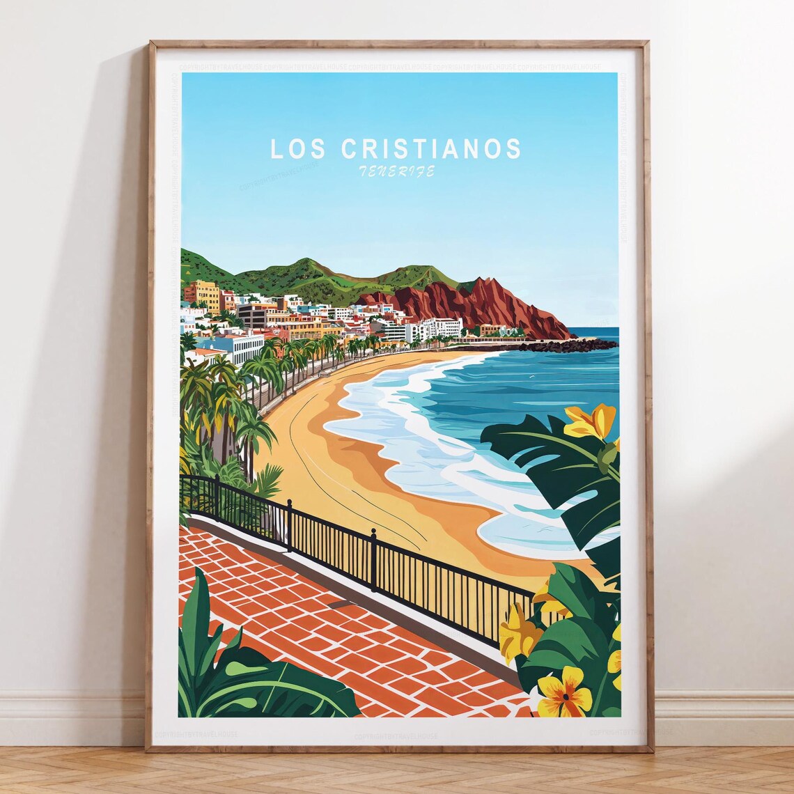 Los Cristianos Tenerife Beach Travel Poster With Red Rock Cliffs