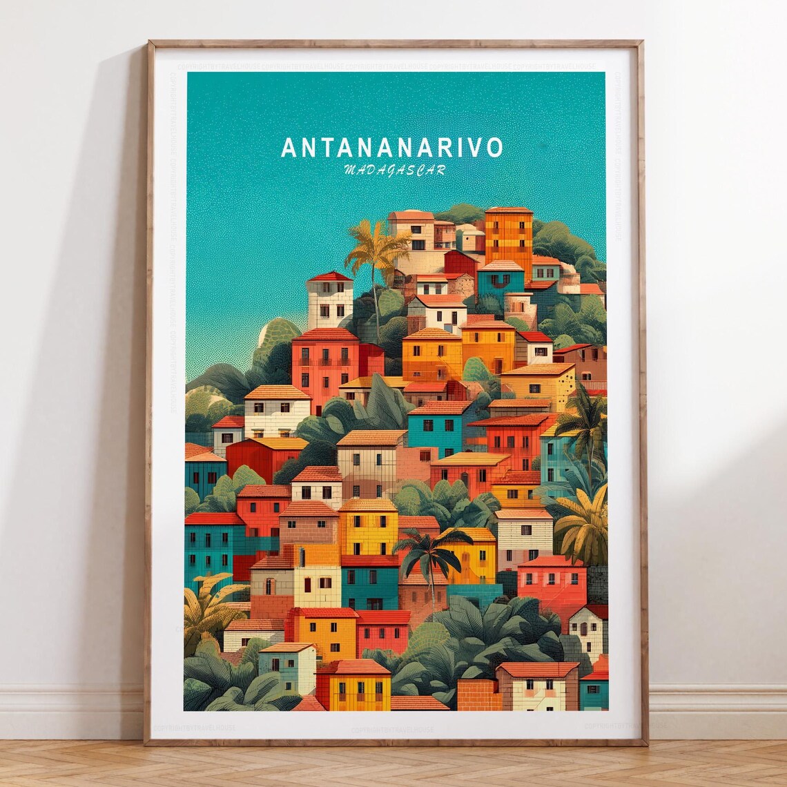 Antananarivo Madagascar Tropical Hillside City Teal Sky Travel Poster
