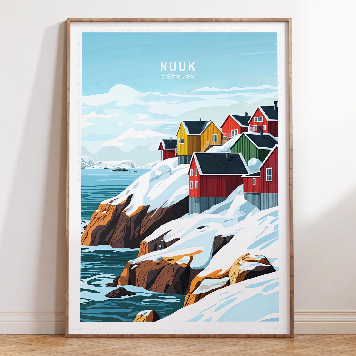 Nuuk Denmark Snowy Coastal Village Colorful Houses Travel Poster