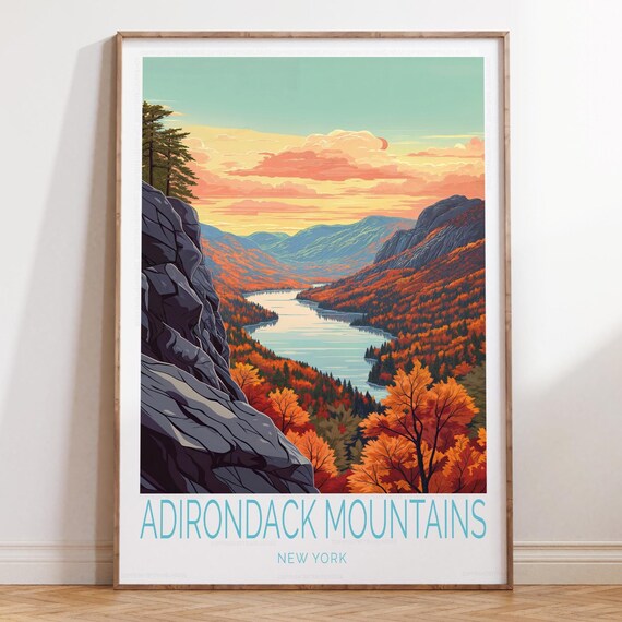 Adirondack Mountains New York Fall Foliage Lake Sunset Travel Poster