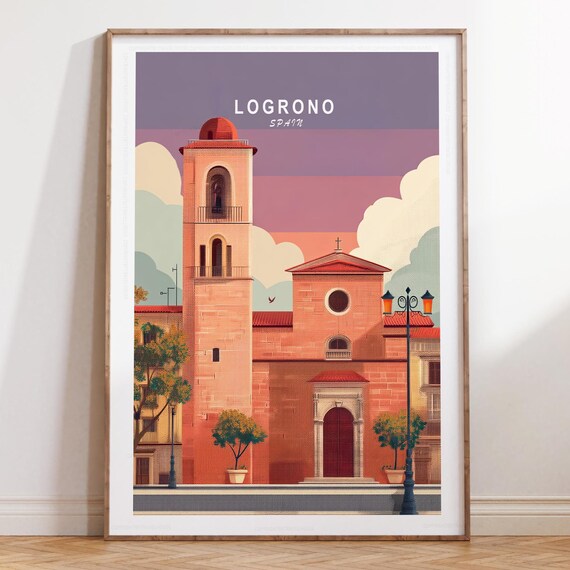 Logrono Spain Warm Sunset Glow Historic Church Facade Travel Poster