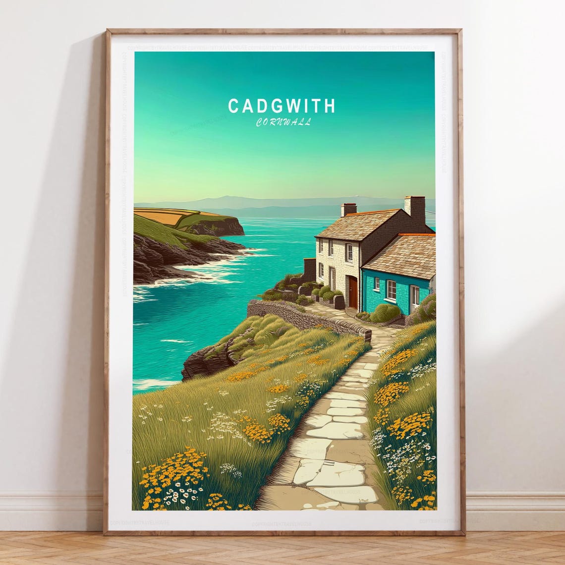 Cadgwith Cornwall Cliff Path Cottage Turquoise Sea Travel Poster