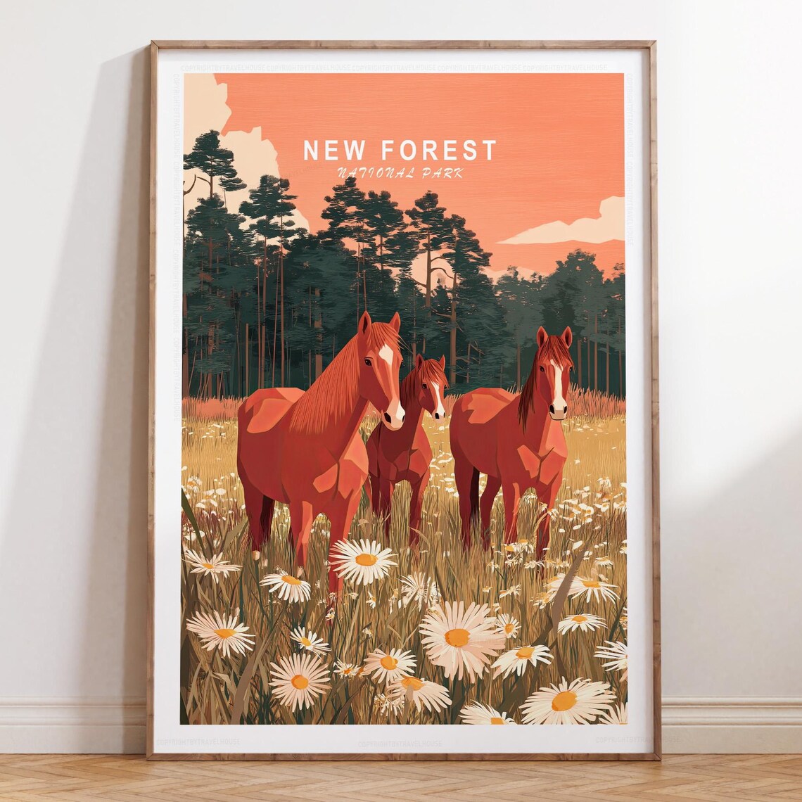 New Forest National Park Horses Peach Sky Daisy Meadow Travel Poster