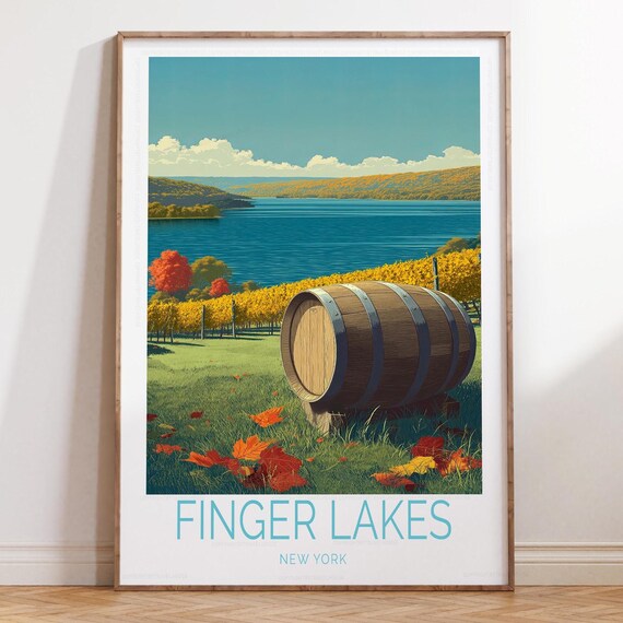 Finger Lakes New York Autumn Vineyard Wine Barrel Travel Poster