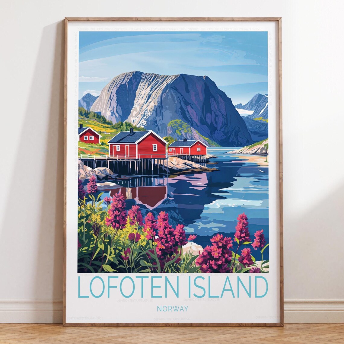 Lofoten Island Norway Red Cabins Fjord Mountains Travel Poster