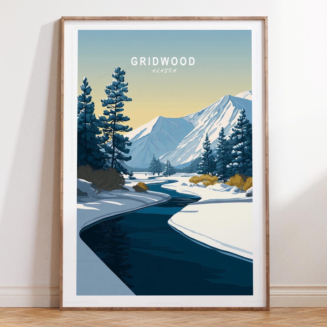Gridwood Alaska Winter Sunrise Snowy River Mountain Travel Poster