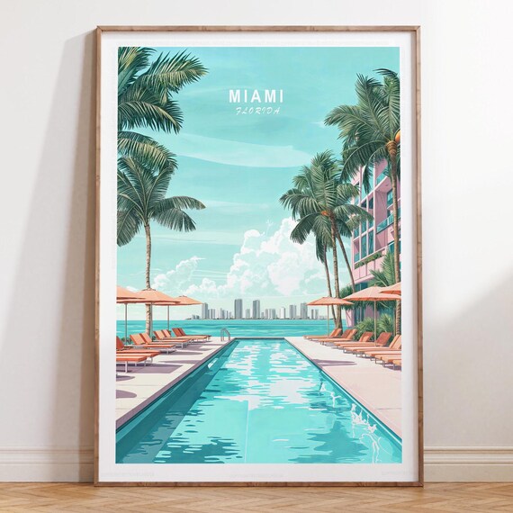 Miami Florida Palm Framed Art Deco Pool Top Title Travel Poster