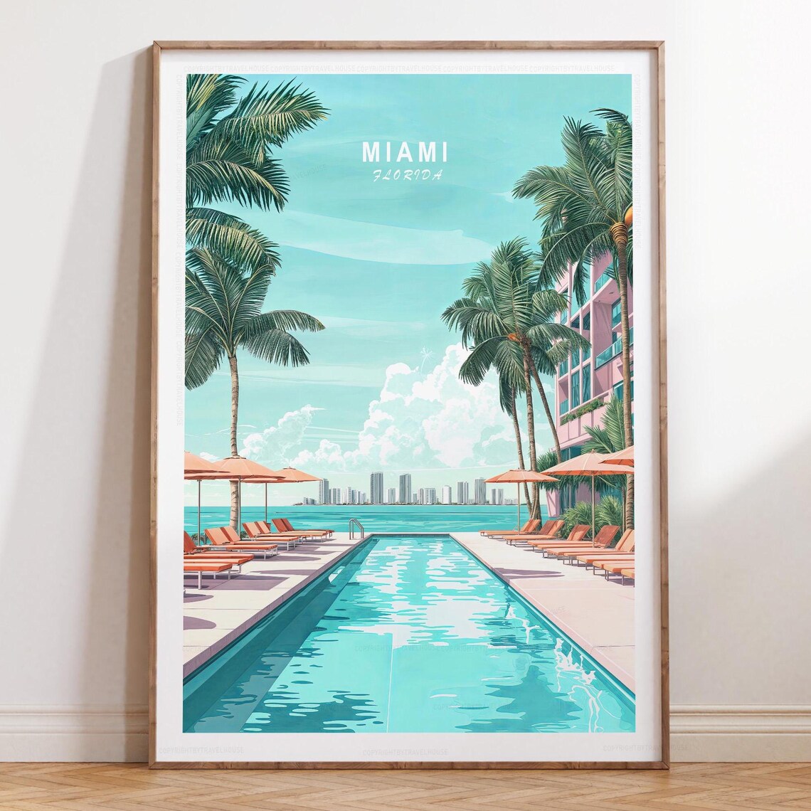 Miami Florida Palm Framed Art Deco Pool Top Title Travel Poster