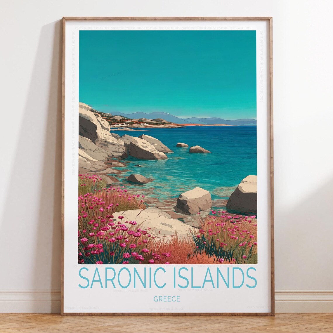 Saronic Islands Greece Wildflower Coast Turquoise Sea Travel Poster