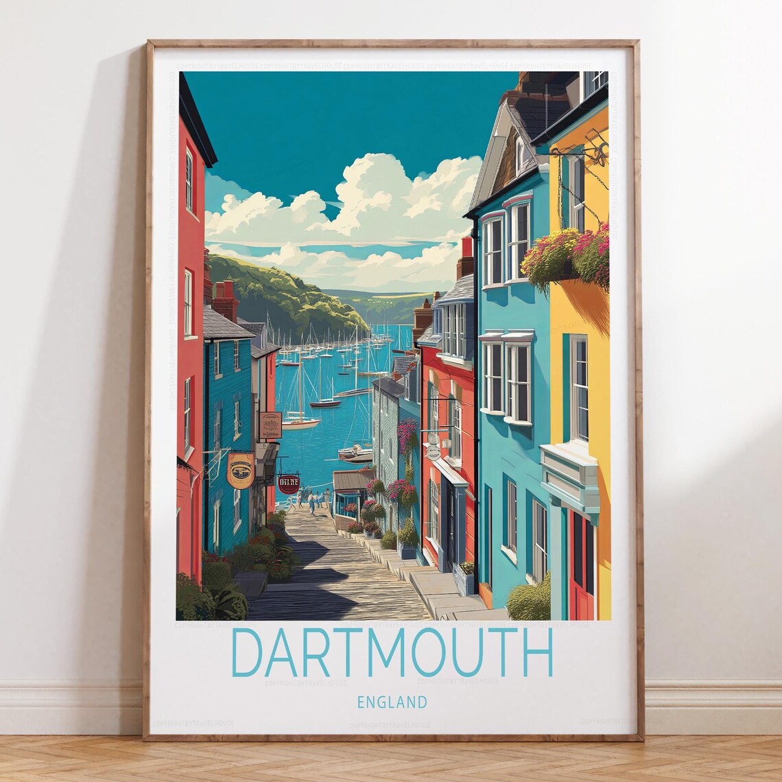 Dartmouth England Cobblestone Street Blue Houses Harbor Poster