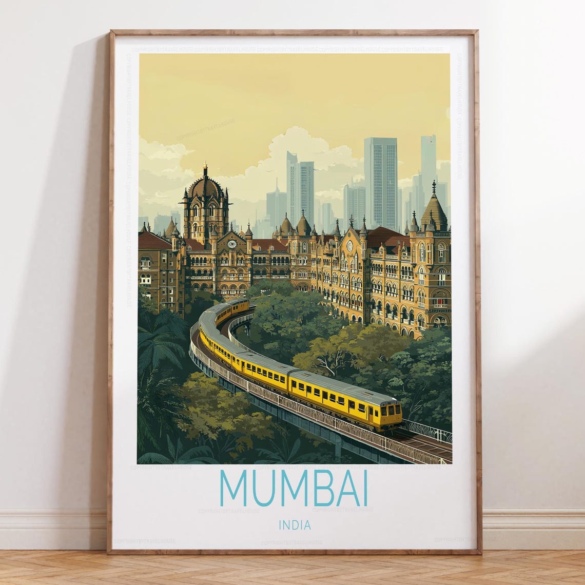 Mumbai India Yellow Train and Historic Station Skyline Poster