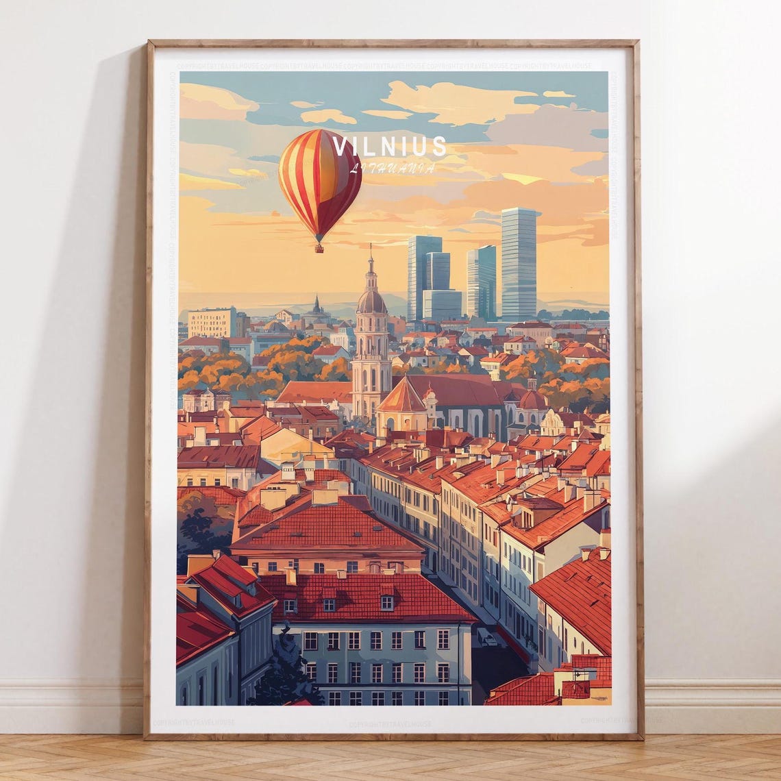 Vilnius Lithuania Sunset Balloon Rooftops Golden Travel Poster