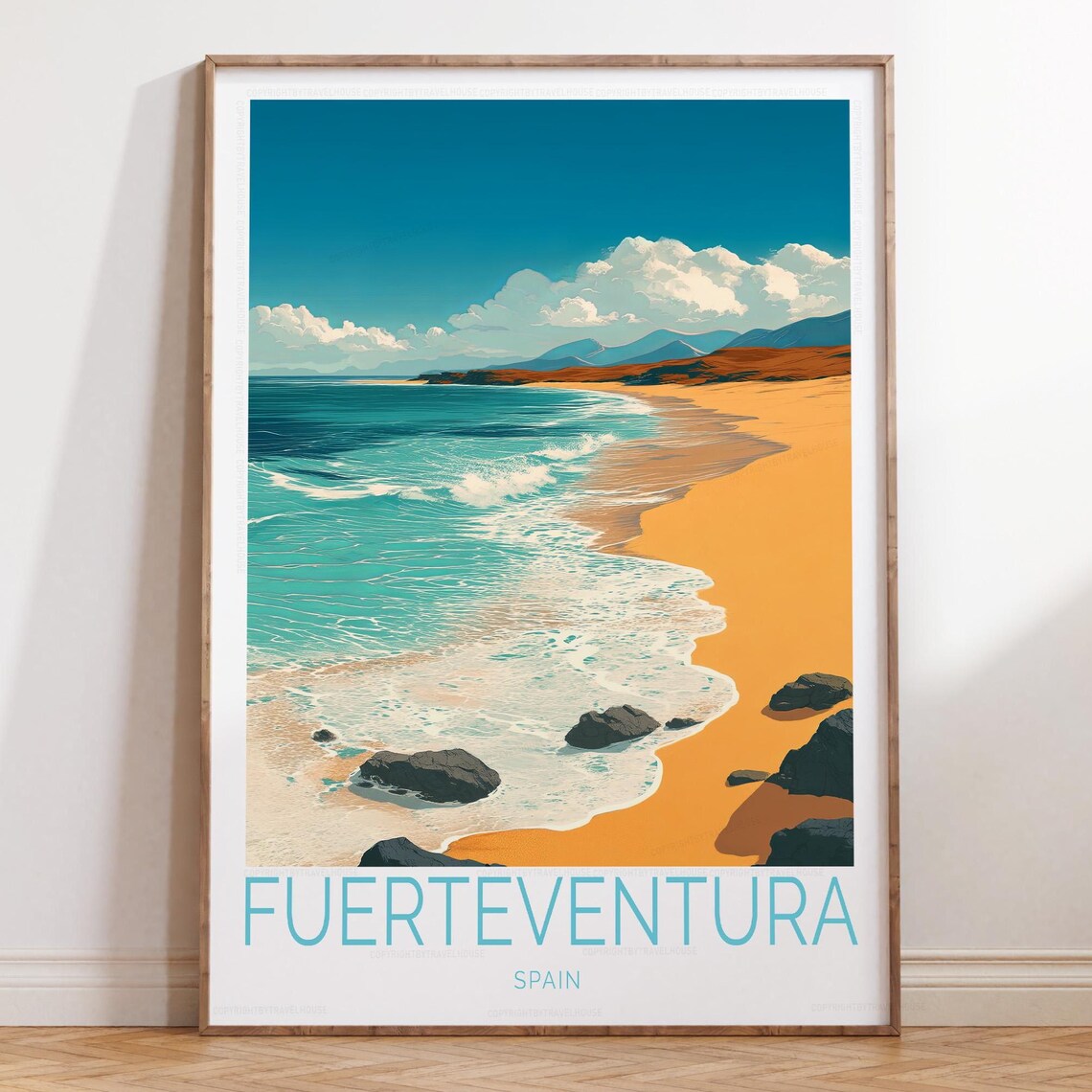 Fuerteventura Spain Golden Bay and Distant Hills Travel Poster