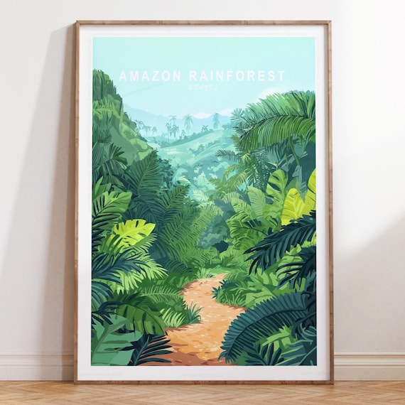 Amazon Rainforest Brazil Wide Sunlit Jungle Path Text Top Travel Poster