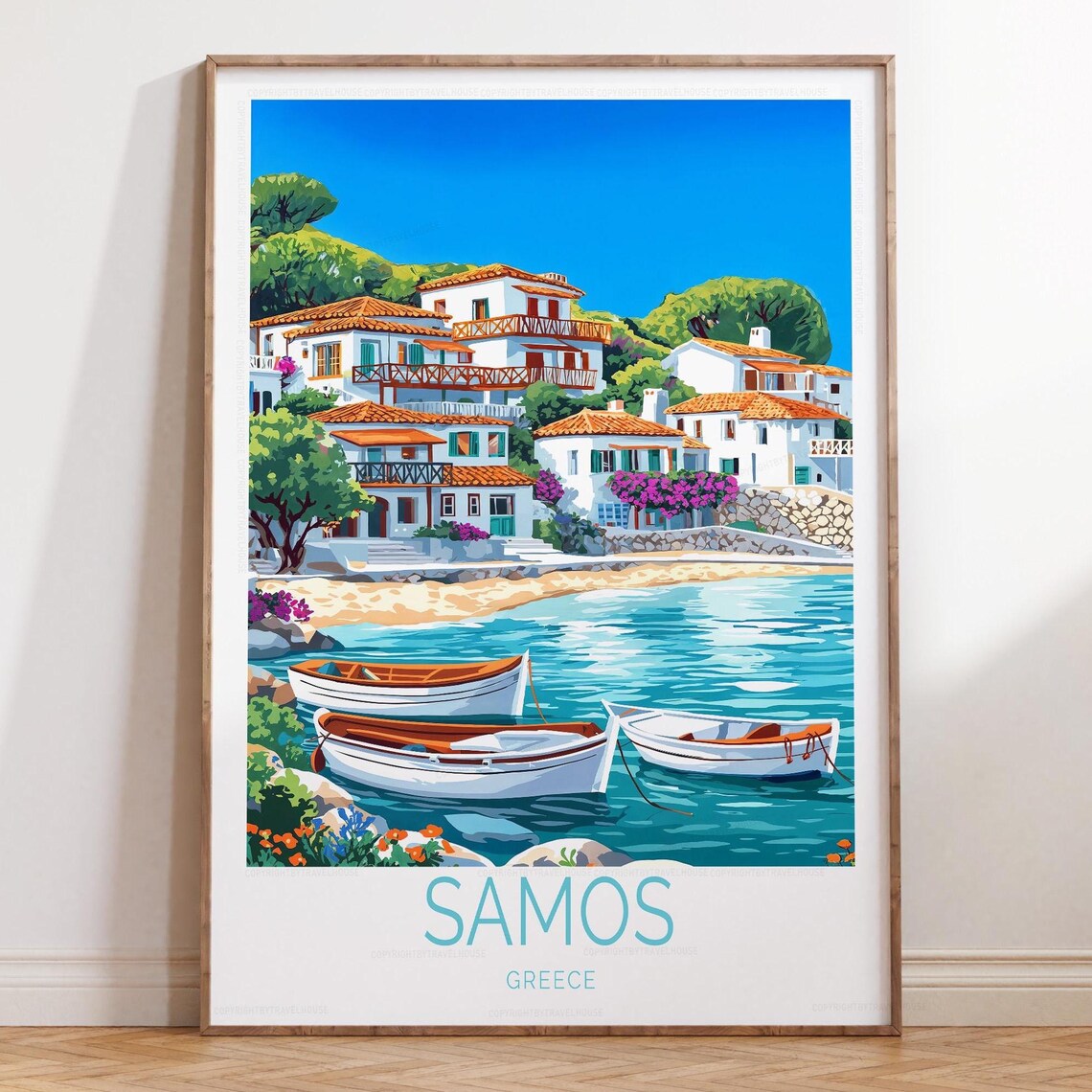 Samos Greece Fishing Boats Whitewashed Village Cove Travel Poster