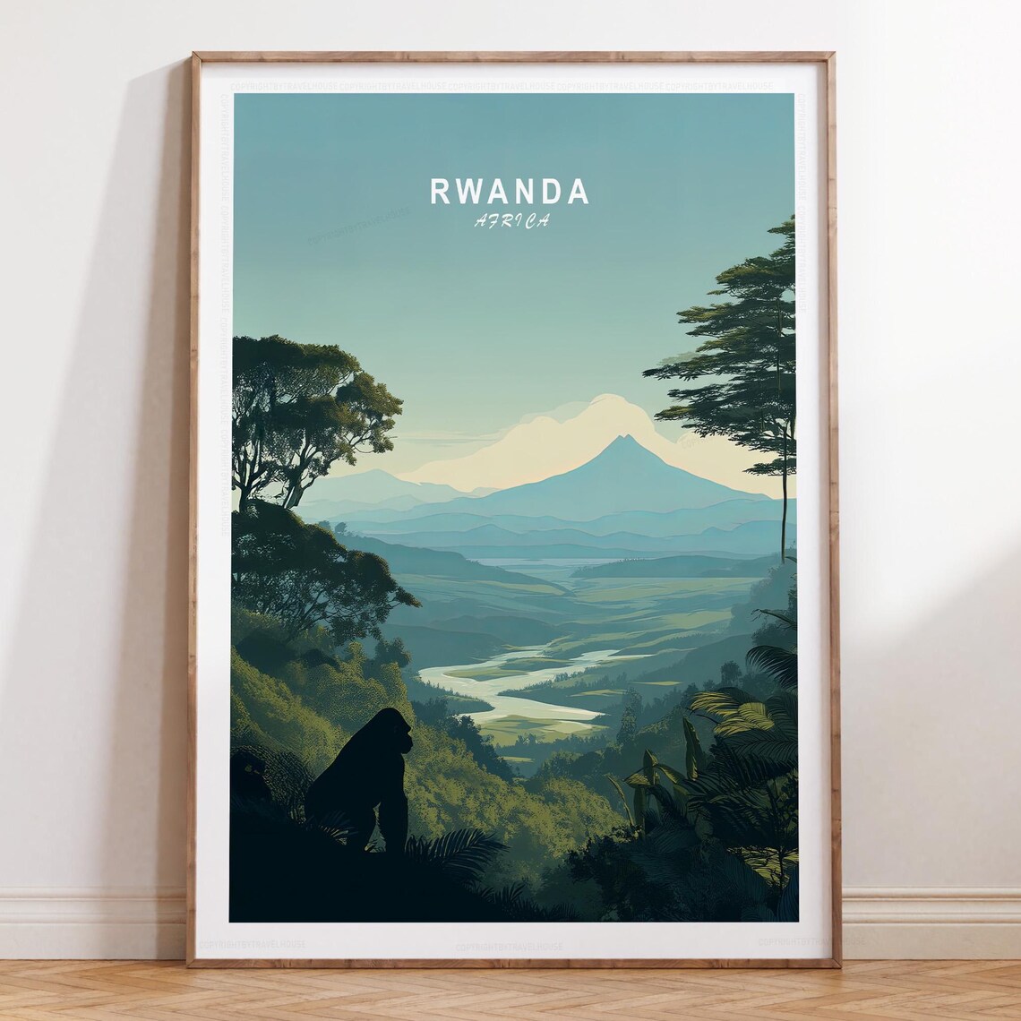 Rwanda Serene Misty Blue Volcano Valley Africa Travel Poster