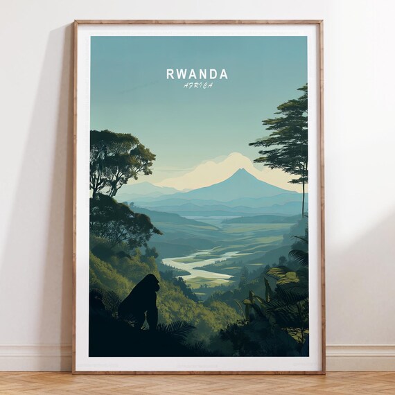 Rwanda Serene Misty Blue Volcano Valley Africa Travel Poster