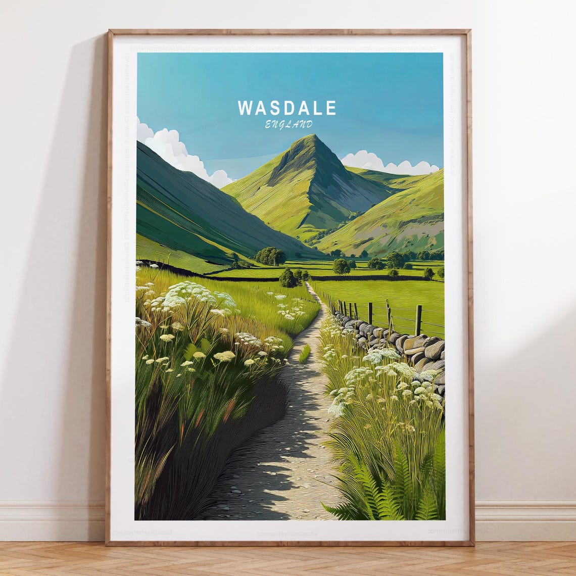 Wasdale England Green Valley Path Wildflower Sky Title Poster