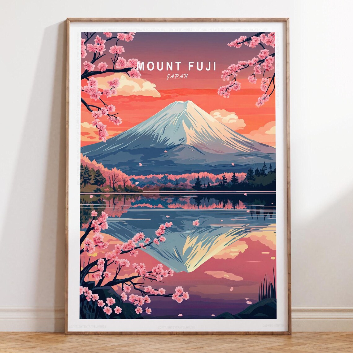 Mount Fuji Japan Sunset Cherry Blossoms Lake Reflection Travel Poster