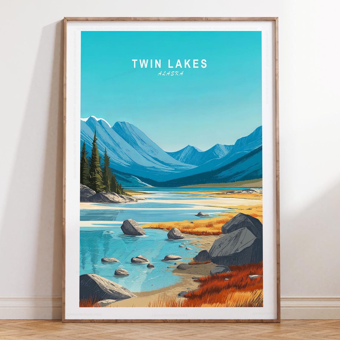 Twin Lakes Alaska Mountain Lake Rocks Autumn Minimalist Poster