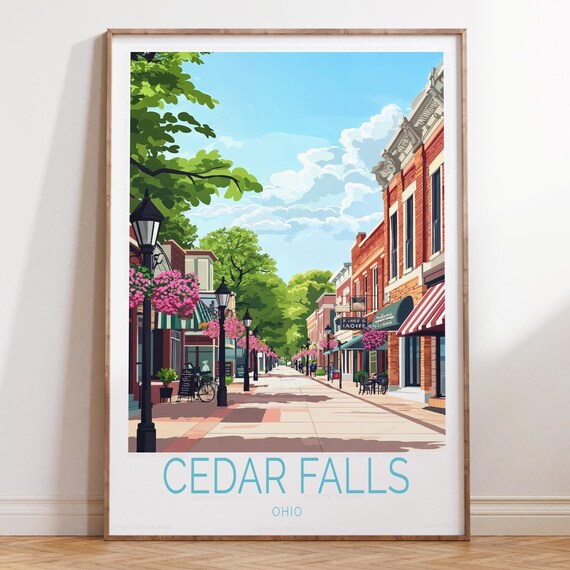 Sunny Cedar Falls Ohio Main Street Flower Baskets Travel Poster