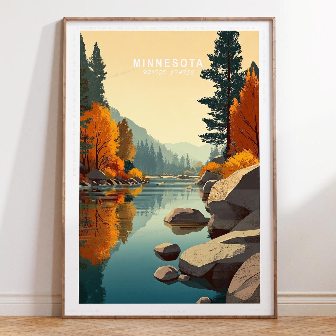 Minnesota Golden Autumn Lakeshore Vintage Travel Scenic Poster