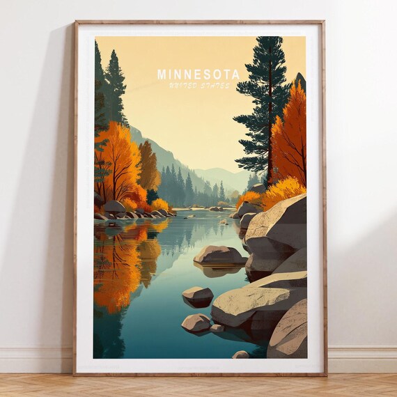 Minnesota Golden Autumn Lakeshore Vintage Travel Scenic Poster