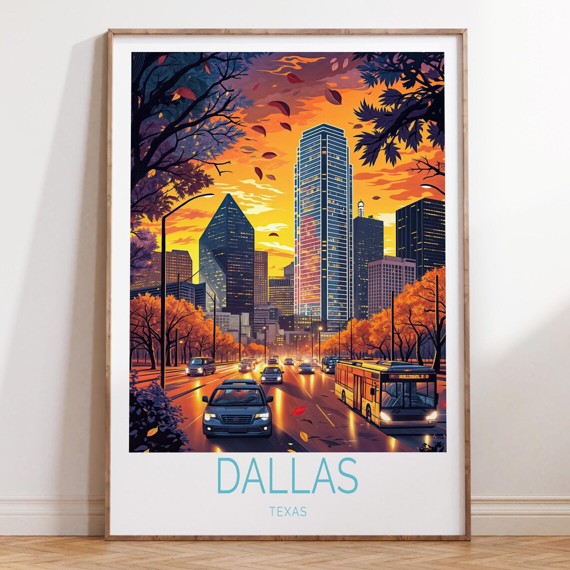 Dallas Texas Sunset Downtown Skyline Autumn Evening Travel Poster