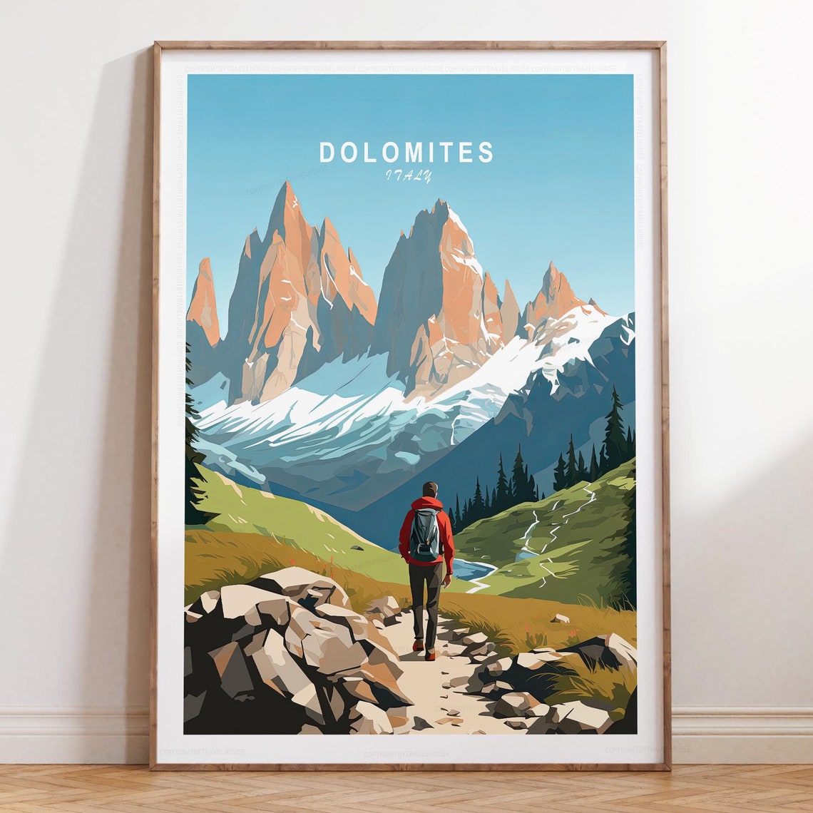 Dolomites Italy Snowy Peaks Hiker Trail Adventure Travel Poster