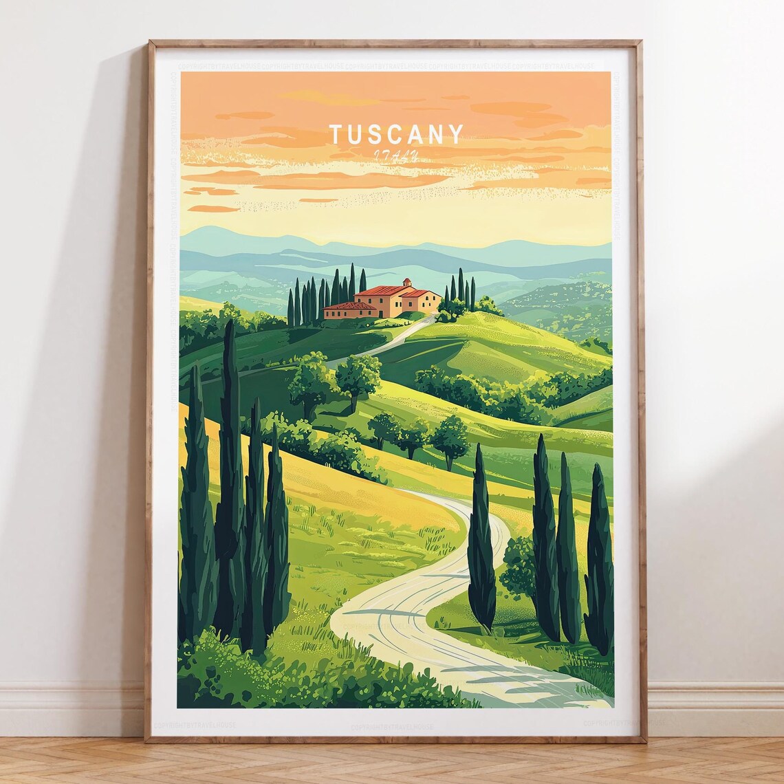 Tuscany Italy Cypress Hillside Villa Golden Sunset Travel Poster