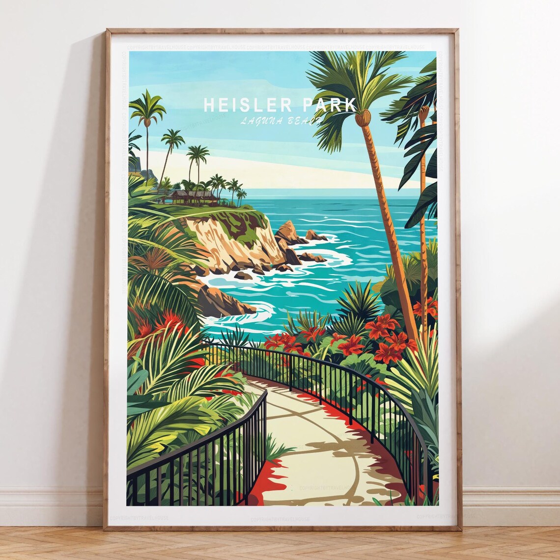 Heisler Park Laguna Beach Railing Palm Ocean Coastline Travel Poster