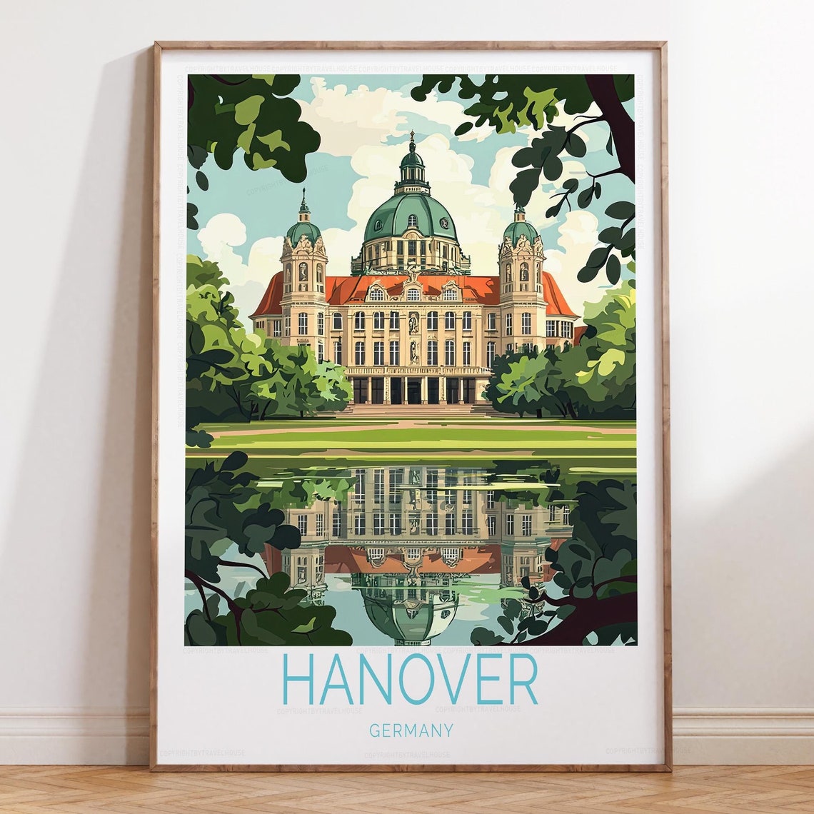 Hanover Germany New Town Hall Mirrored Lake Reflection Travel Poster