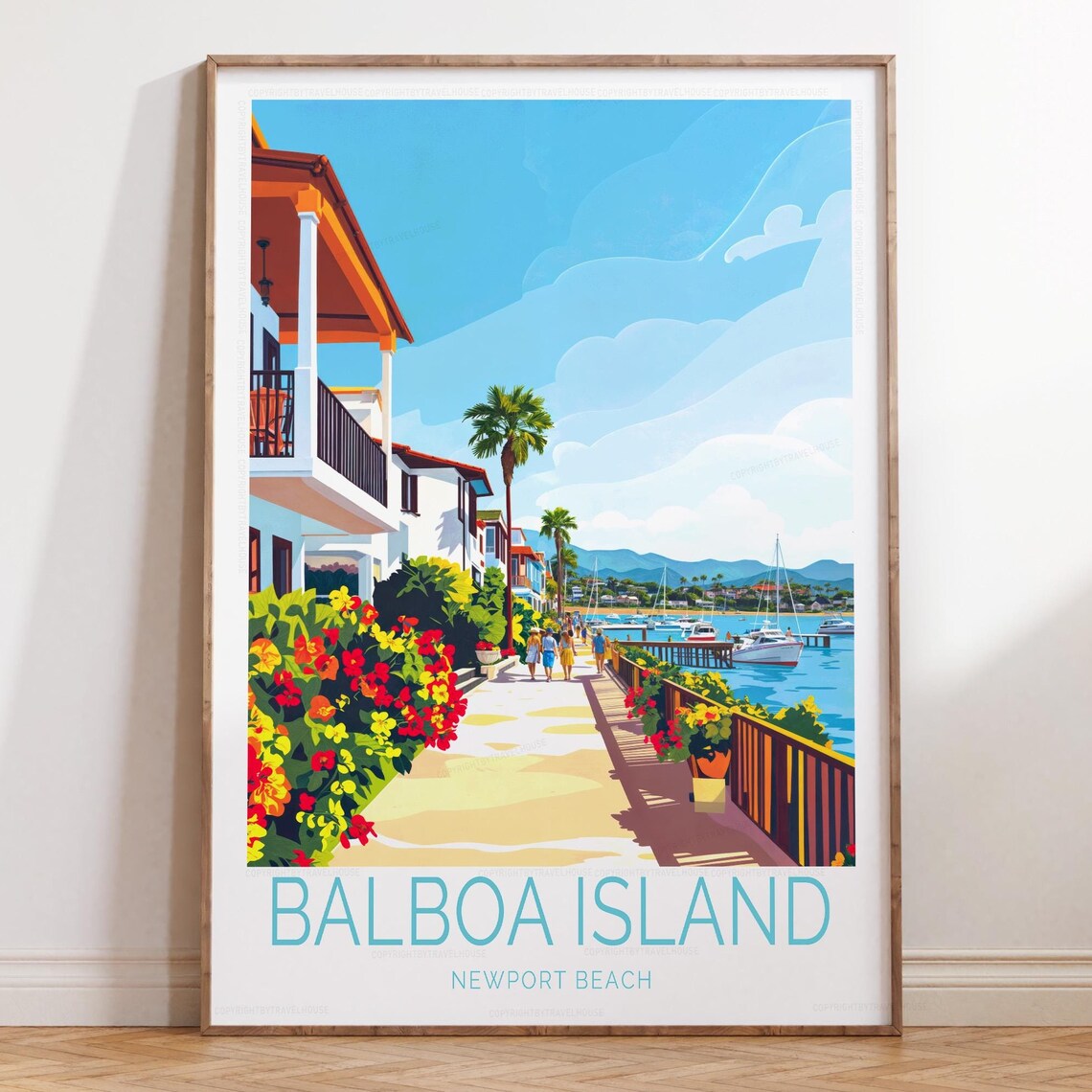 Balboa Island Newport Beach Boardwalk Vintage Travel Art Poster