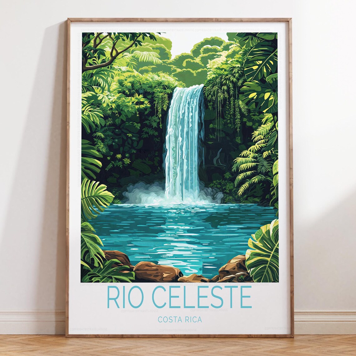 Rio Celeste Waterfall Costa Rica Jungle Travel Poster Blue Lagoon
