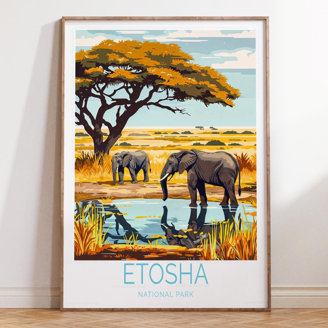 Etosha National Park Elephants Waterhole Vintage Safari Travel Poster