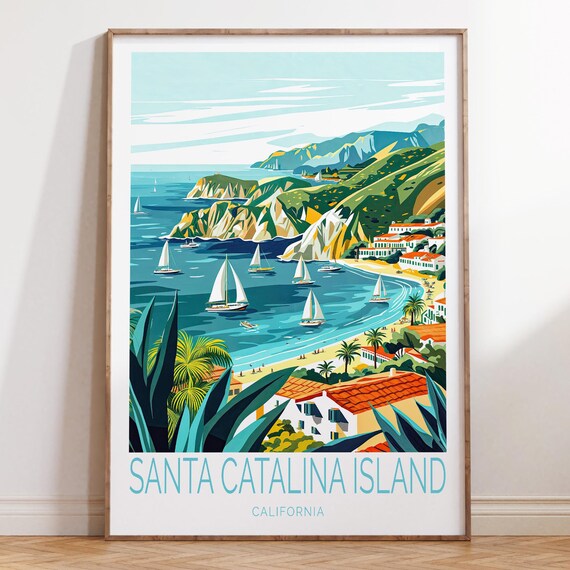 Santa Catalina Island California Sailboats Avalon Bay Travel Poster Art