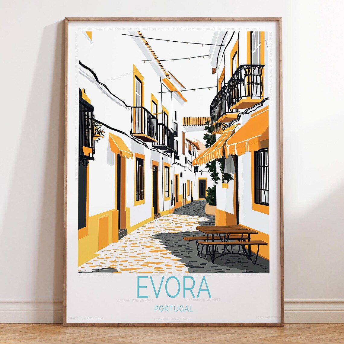 Evora Portugal Sunlit Whitewashed Street Balconies Travel Poster