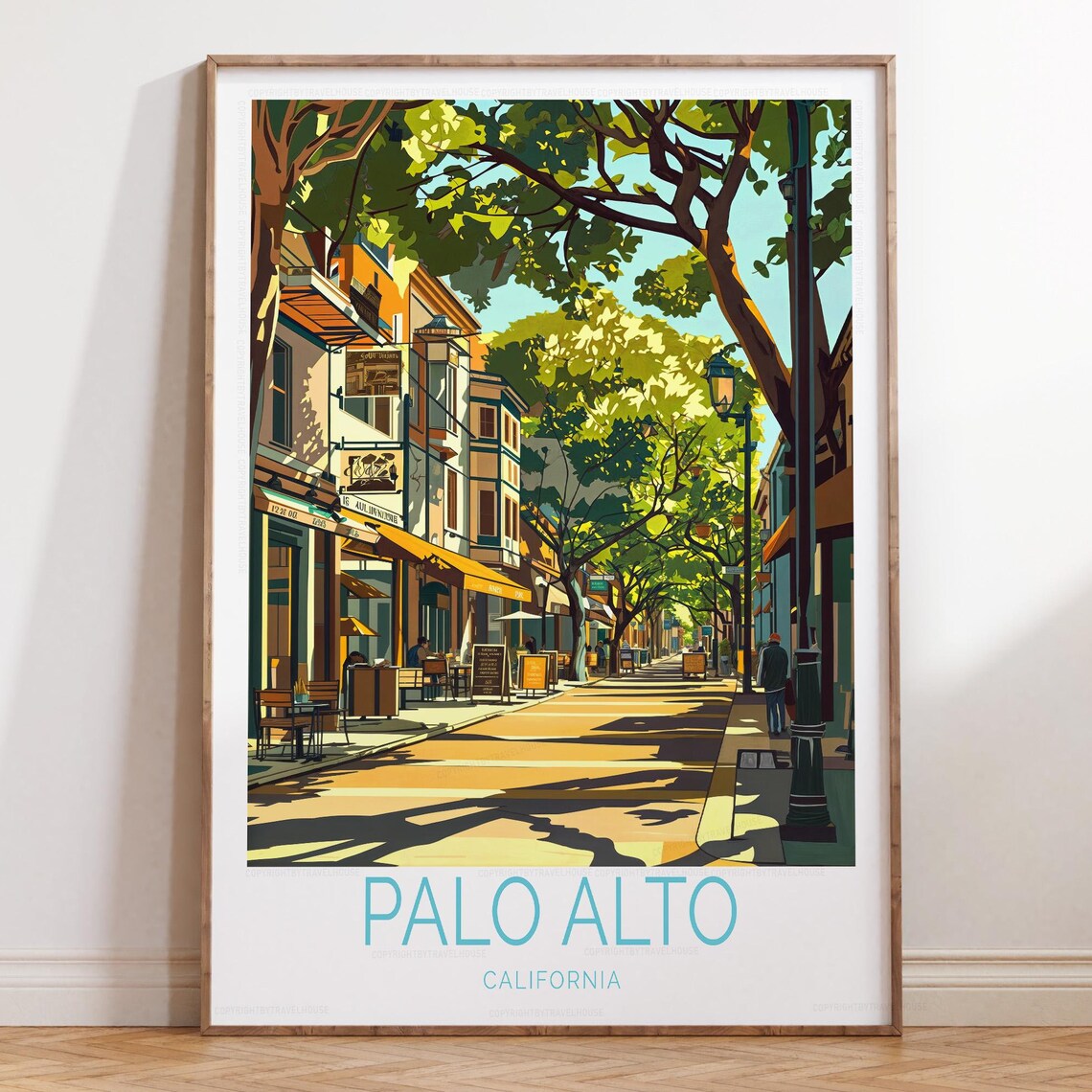 Palo Alto California Sunlit Tree-Lined Downtown Street Travel Poster