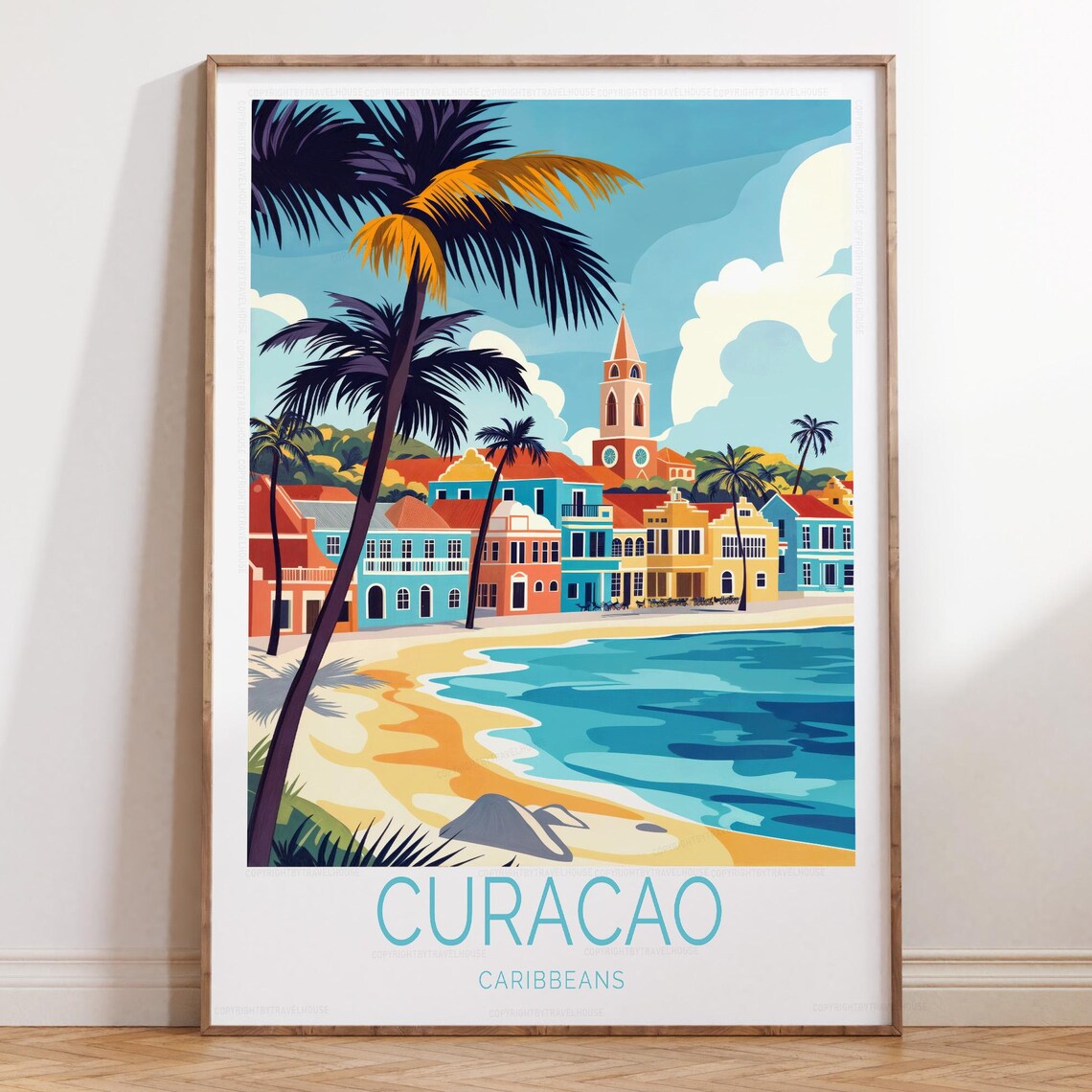Curacao Caribbean Willemstad Colorful Houses Beach Travel Poster
